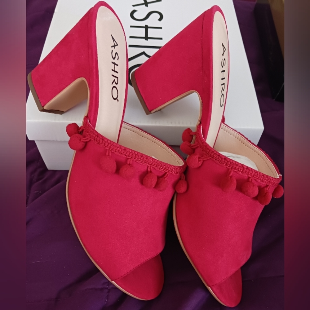 Red Suede Mule with Pom poms
